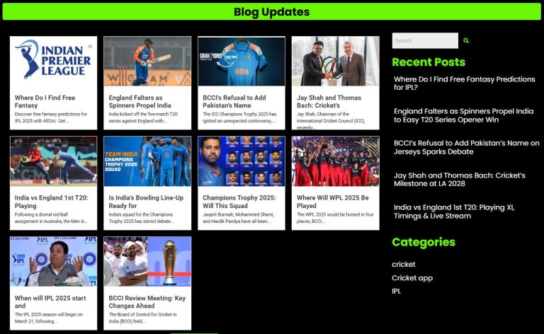 AllCric's blog updates section featuring cricket news and recent posts.