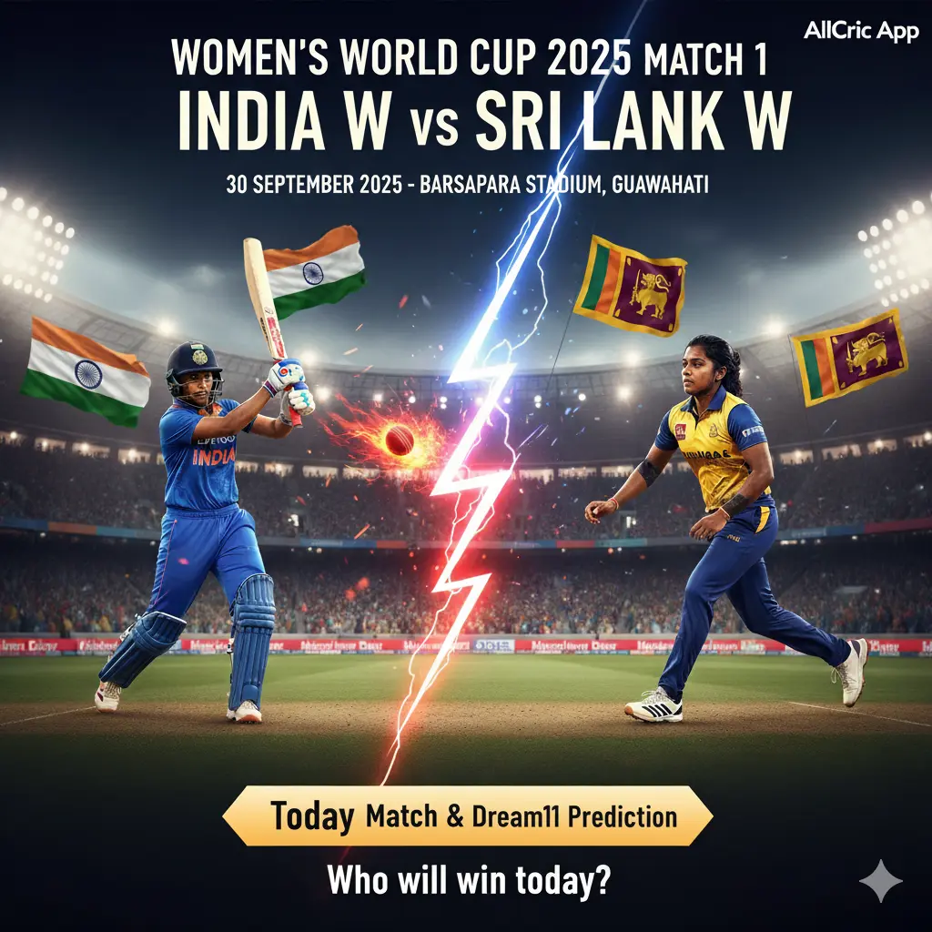 Women's WC 2025 opening match between India and Sri Lanka, with an Indian batsman in a blue jersey facing a bowler from Sri Lanka in a yellow and green jersey. The stadium is packed with spectators, and the on-image text reads 'IND-W vs SL-W Women’s WC 2025 Match 1' and 'Today Match & Dream11 Prediction