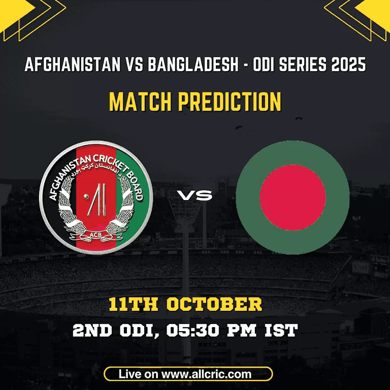 AFG vs BAN 2nd ODI 2025 Match Prediction graphic showing Afghanistan and Bangladesh team logos with match details — 11th October, 05:30 PM IST. Image represents AFG vs BAN win prediction, team prediction, and match preview for the ODI series 2025 at Abu Dhabi.