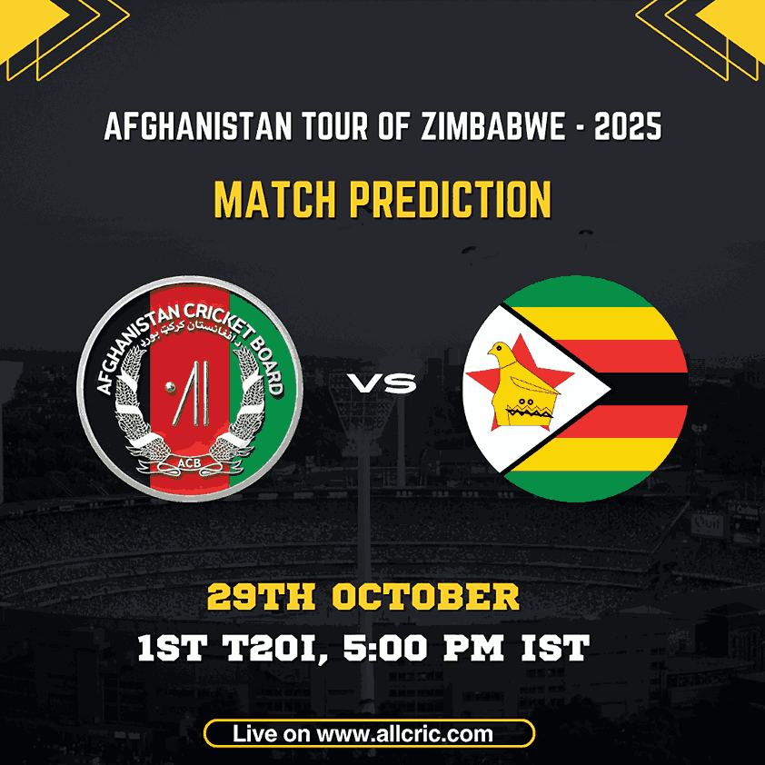 AFG vs ZIM Today Match Prediction — Afghanistan vs Zimbabwe 1st T20I 2025 at Harare Sports Club. Get full ZIM vs AFG match prediction, team prediction, pitch report, fantasy tips, and today’s AFG vs ZIM T20 prediction with top captain and vice-captain picks.