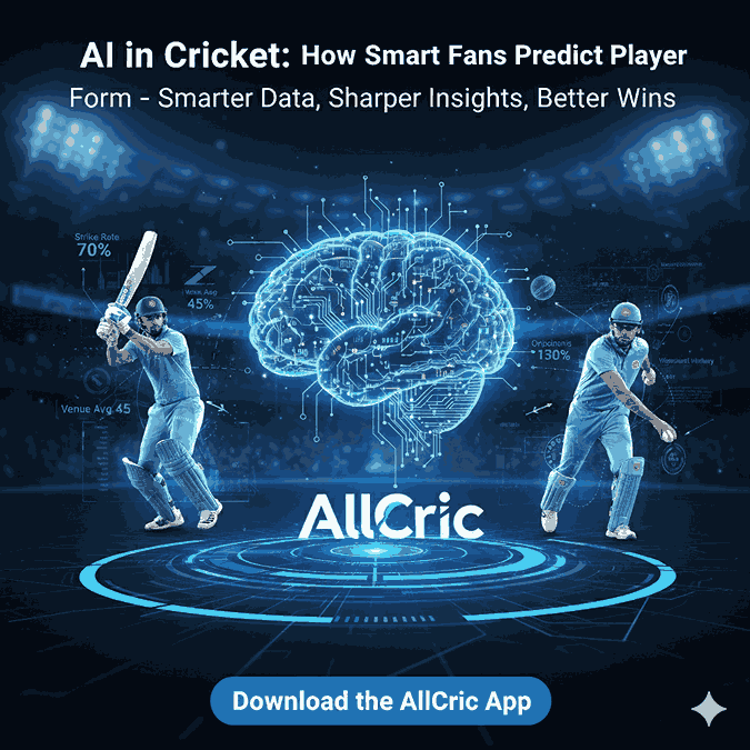 AI in cricket analysis showing smart fans predicting player form using data and insights — featuring cricket players, digital brain graphic, and AllCric app promoting smarter match predictions.