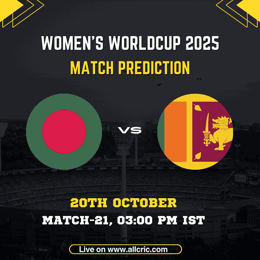 Promotional graphic for the Women’s World Cup 2025 featuring Bangladesh Women vs Sri Lanka Women, scheduled for 20th October, Match 21 at 03:00 PM IST. The image shows the national flags of Bangladesh and Sri Lanka with the match details highlighted and mentions live streaming on allcric.com.
