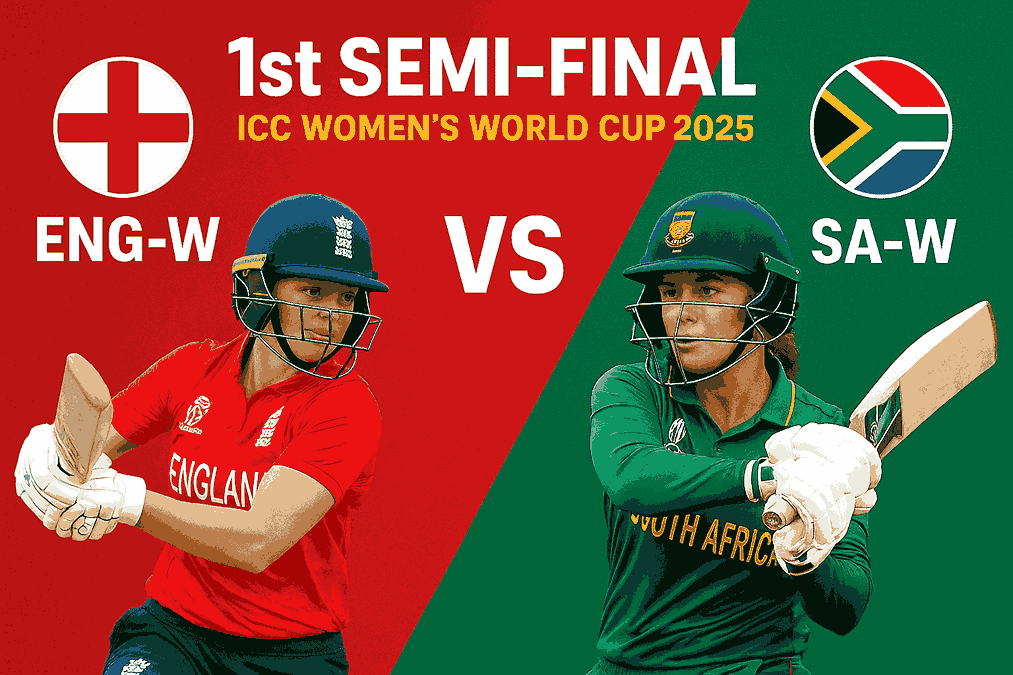 England Women vs South Africa Women 1st Semi-Final Match Prediction poster for ICC Women’s World Cup 2025, featuring both team flags with match date 29th October at 3:00 PM IST, ACA Stadium Guwahati.
