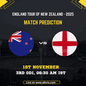 England vs New Zealand 3rd ODI 2025 match prediction poster featuring both team flags, date, time, and venue details for the England tour of New Zealand 2025 — ENG vs NZ today match prediction, ENG vs NZ match prediction, ENG vs NZ team prediction, ENG vs NZ win prediction.