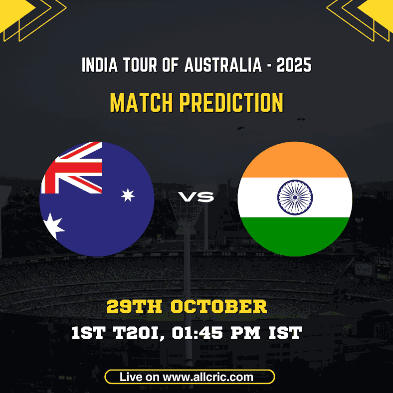 India vs Australia 1st T20I 2025 Match Prediction poster featuring the teams’ flags, match date 29th October, 1:45 PM IST at Manuka Oval, Canberra, India tour of Australia.