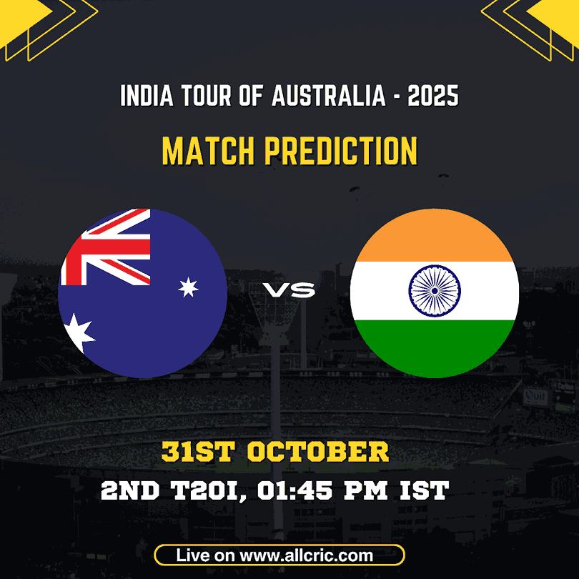 India vs Australia 2nd T20I 2025 match prediction graphic featuring team flags and match details — IND vs AUS today match prediction for 31st October at Melbourne Cricket Ground. Includes timing, venue, and fantasy cricket insights for IND vs AUS match prediction and win probability.