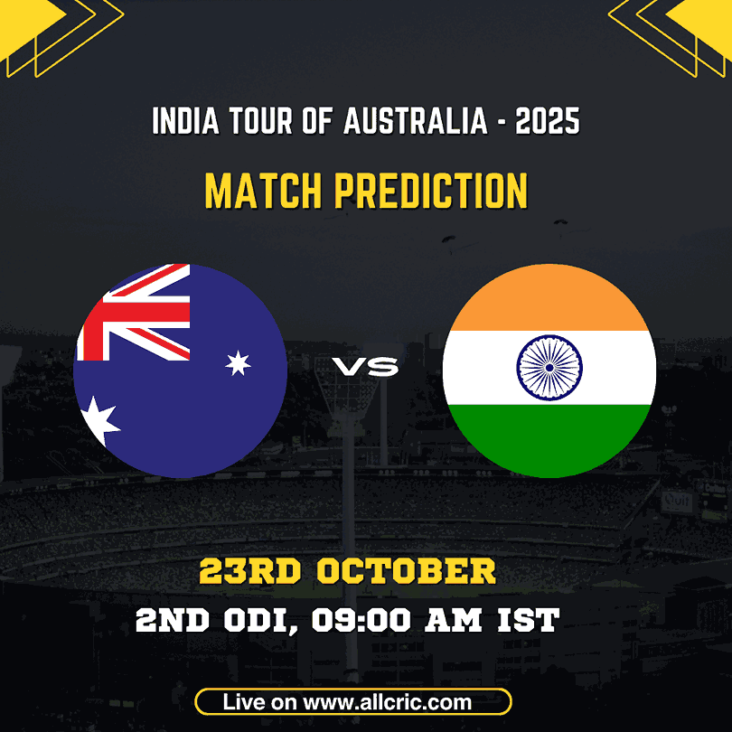 India vs Australia 2nd ODI 2025 Match Prediction poster showing team flags and match details. The image highlights the India Tour of Australia 2025 with both national flags of Australia and India, scheduled for the 2nd ODI on 23rd October at 9:00 AM IST in Adelaide. The design promotes the India vs Australia match prediction, fantasy tips, and winning prediction insights from AllCric.