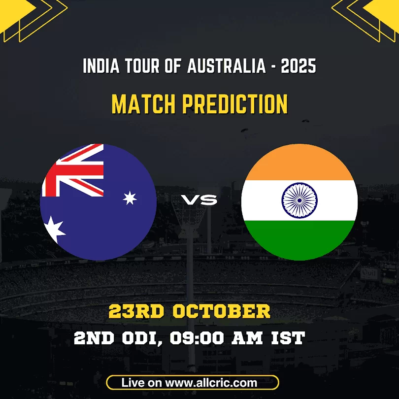 India vs Australia 2nd ODI 2025 Match Prediction poster showing team flags and match details. The image highlights the India Tour of Australia 2025 with both national flags of Australia and India, scheduled for the 2nd ODI on 23rd October at 9:00 AM IST in Adelaide. The design promotes the India vs Australia match prediction, fantasy tips, and winning prediction insights from AllCric.