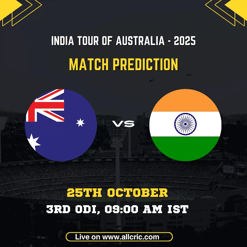 India vs Australia 3rd ODI 2025 Match Prediction graphic featuring national flags, match date 25th October and timing 09:00 AM IST for SCG in the India Tour of Australia 2025.
