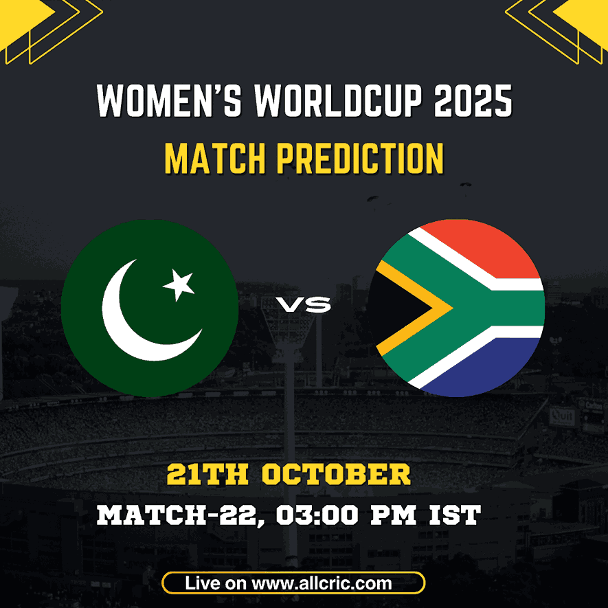Pakistan Women vs South Africa Women 2025 World Cup Match Prediction graphic featuring team flags. The image promotes Match 22 of the ICC Women’s World Cup 2025, scheduled for 21st October at 3:00 PM IST at the R. Premadasa Stadium, Colombo. It highlights the PAK W vs SA W Today Match Prediction, including key insights and team analysis for fantasy players.