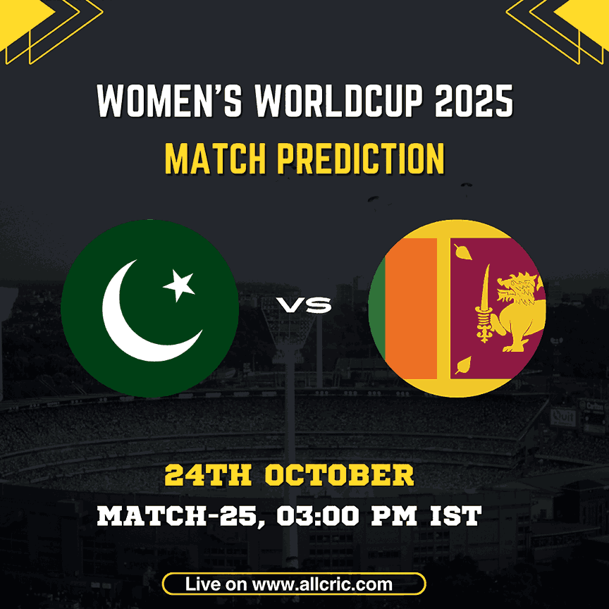 Pakistan Women vs Sri Lanka Women 2025 World Cup Match Prediction graphic showing team flags, match date (24th October), and time (03:00 PM IST) for Match 25 at R. Premadasa Stadium, Colombo.