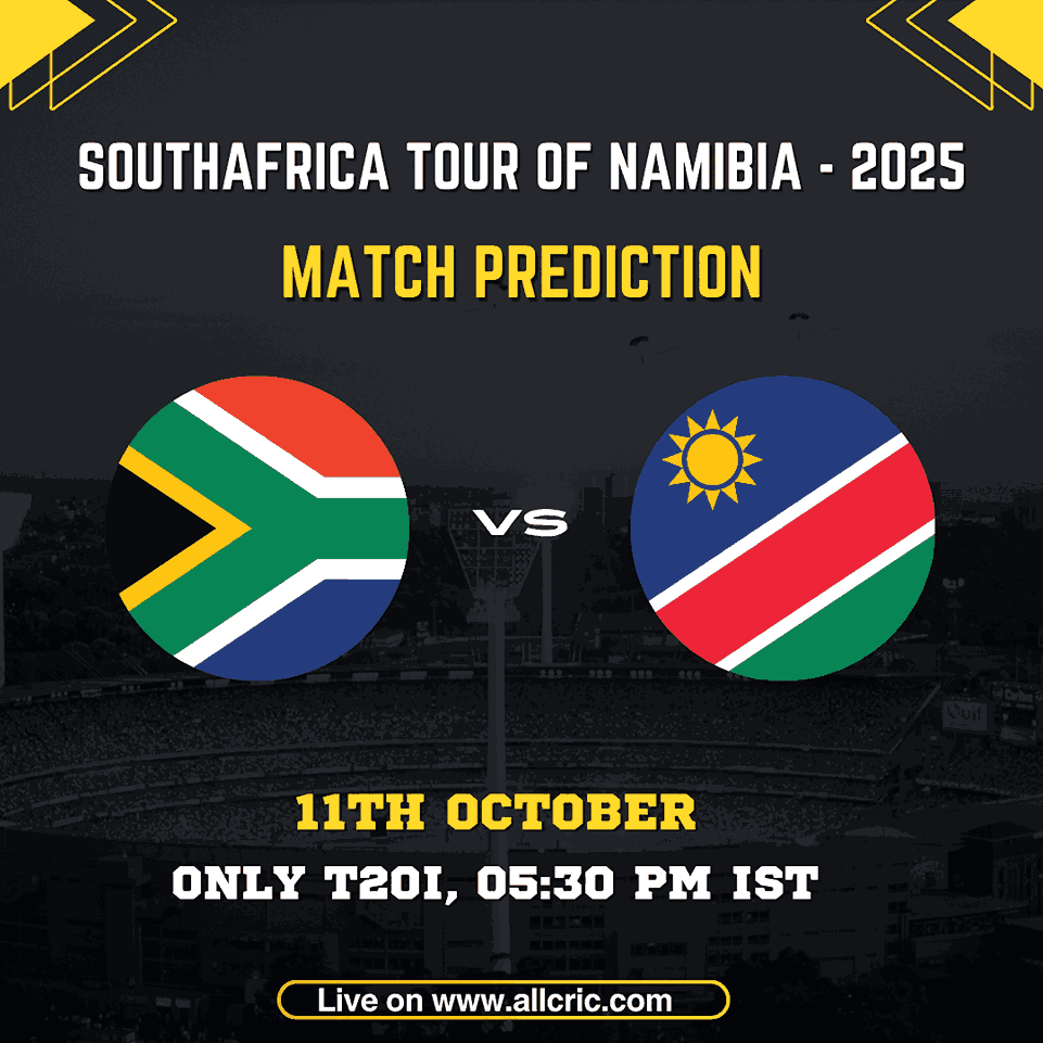 South Africa vs Namibia 2025 Match Prediction graphic for the Only T20I on 11th October at 05:30 PM IST, featuring both teams’ logos. Image represents South Africa vs Namibia Prediction, today match prediction, and team prediction for the South Africa Tour of Namibia 2025.