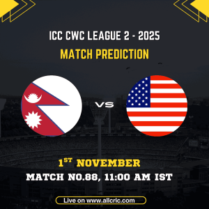 USA vs Nepal ICC CWC League 2 2025 match poster showing team flags, date (1st November), time (11:00 AM IST), and venue details for Match No.88 at ICC Academy Dubai. Designed for AllCric’s usa vs nepal today match prediction, usa vs nepal match prediction, usa vs nepal prediction, and usa vs nepal cricket prediction insights.