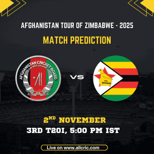 Afghanistan vs Zimbabwe 3rd T20I 2025 match graphic from the Afghanistan tour of Zimbabwe series, featuring team logos, date (2nd November), and match time (5:00 PM IST). The image promotes afg vs zim today match prediction, zim vs afg match prediction, zim vs afg team prediction, and afg vs zim t20 prediction insights for fantasy players on AllCric.