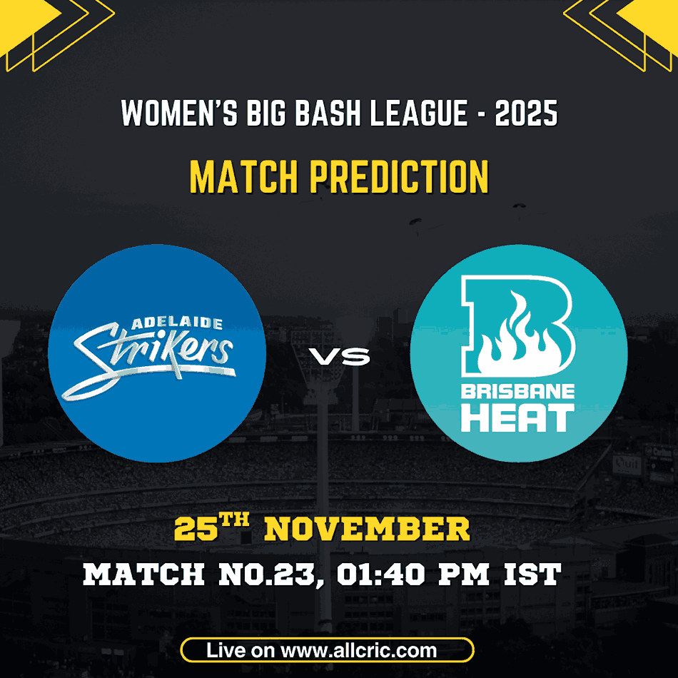 WBBL 2025 Match Prediction graphic featuring Adelaide Strikers Women vs Brisbane Heat Women for Match 23 on 25th November at 1:40 PM IST, with team logos displayed on a dark cricket-stadium background