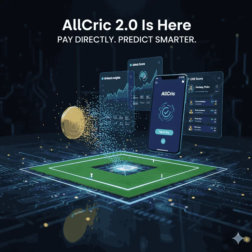 A digital graphic showcasing AllCric 2.0 with a smartphone, AI match insights, fantasy cricket tips dashboard, and a glowing cricket field, highlighting direct payments, free cricket match tips, and smarter cricket predictions.