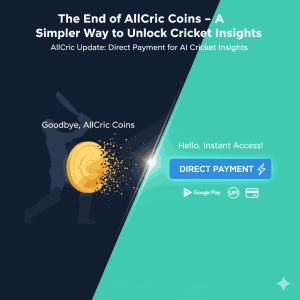 A visual representing the transition from AllCric Coins to a Direct Payment system, showing a dissolving gold coin next to a cricket player's silhouette and a 'Direct Payment' button with logos for Google Play and UPI.