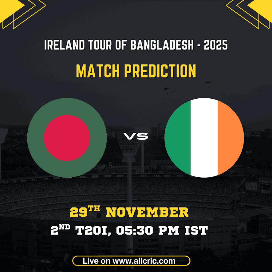 Bangladesh vs Ireland 2nd T20I 2025 match prediction graphic featuring Bangladesh and Ireland flags, match date 29th November, time 5:30 PM IST, and promotional details for Ban vs Ire today match prediction and Dream11 tips