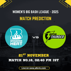 WBBL 2025 Match 18 graphic showing Brisbane Heat Women vs Sydney Thunder Women with team logos, match date 21st November, 02:40 PM IST, and bold match prediction header; suitable for BH W vs ST W today match prediction, BH W vs ST W prediction, BH W vs ST W match prediction, BH W vs ST W Dream11 prediction, BH W vs ST W win prediction, and BH W vs ST W team prediction.
