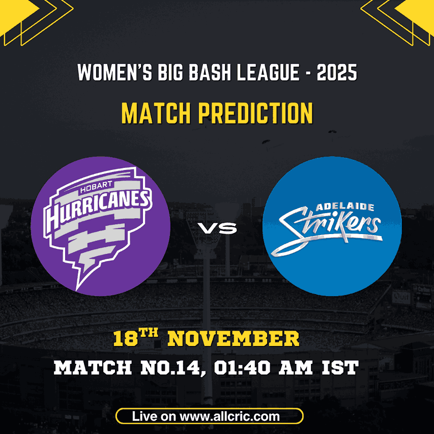 WBBL 2025 Match Prediction graphic featuring Hobart Hurricanes Women vs Adelaide Strikers Women for Match 14 on 18th November, 1:40 AM IST, with team logos displayed against a stadium background, promoting HH-W vs AS-W today match prediction and Dream11 insights