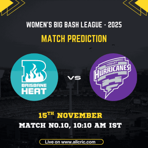 “HH W vs BH W Dream11 prediction graphic for WBBL 2025 Match 10 featuring Brisbane Heat Women vs Hobart Hurricanes Women on 15th November, 10:10 AM IST. Match promotion banner showing team logos, venue details, and today match prediction highlights