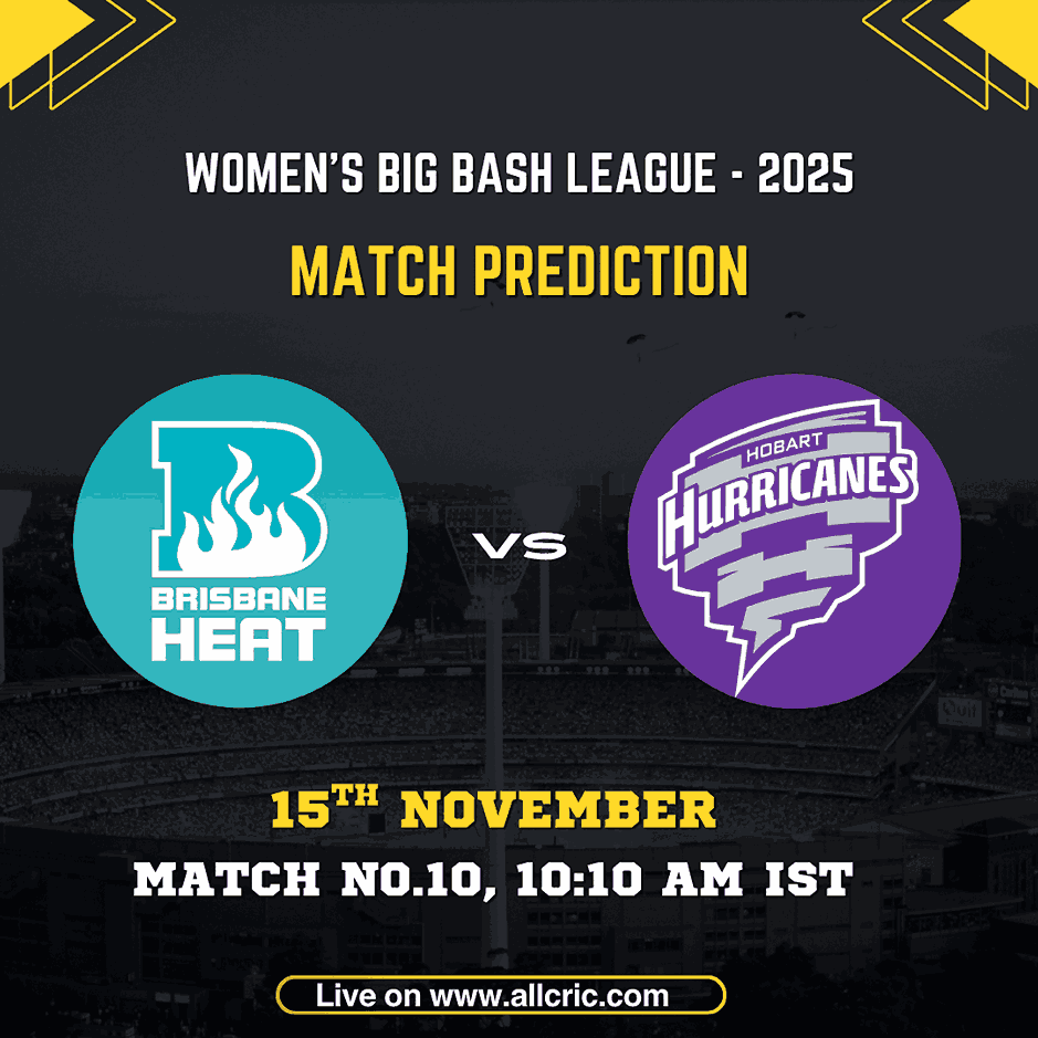 “HH W vs BH W Dream11 prediction graphic for WBBL 2025 Match 10 featuring Brisbane Heat Women vs Hobart Hurricanes Women on 15th November, 10:10 AM IST. Match promotion banner showing team logos, venue details, and today match prediction highlights