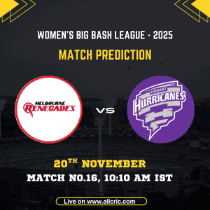 Graphic for Women’s Big Bash League 2025 featuring Melbourne Renegades Women vs Hobart Hurricanes Women for Match 16 on 20th November at 10:10 AM IST, showing both team logos over a stadium background, promoting HH W vs MR W today match prediction and Dream11 insights.