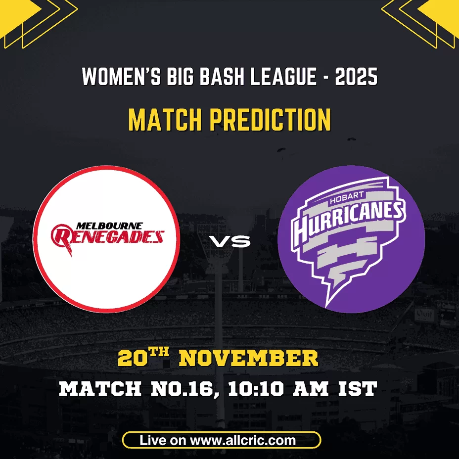 Graphic for Women’s Big Bash League 2025 featuring Melbourne Renegades Women vs Hobart Hurricanes Women for Match 16 on 20th November at 10:10 AM IST, showing both team logos over a stadium background, promoting HH W vs MR W today match prediction and Dream11 insights.