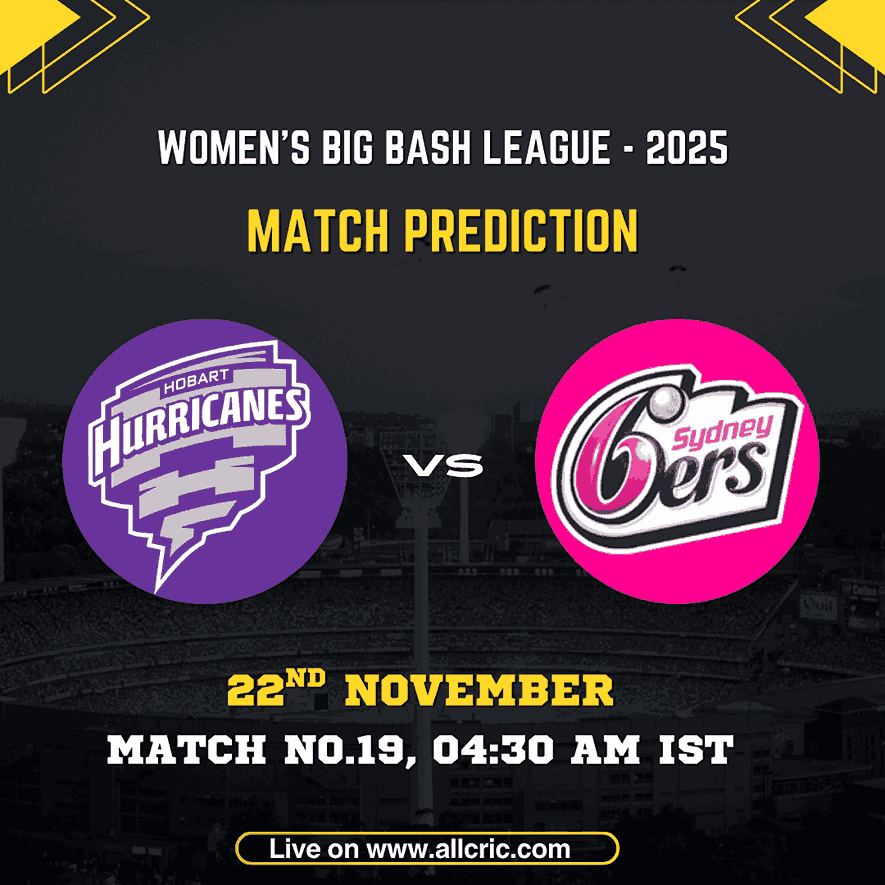 WBBL 2025 Match 19 graphic showing Hobart Hurricanes Women vs Sydney Sixers Women scheduled on 22nd November at 04:30 AM IST, featuring team logos and match prediction branding. Used for hh w vs ss w dream11 prediction, hh w vs ss w today match prediction, hh w vs ss w prediction, and hh w vs ss w team prediction.
