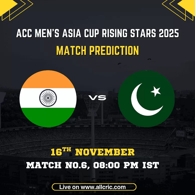India A vs Pakistan Shaheens 2025-26 Asia Cup Rising Stars match preview graphic showing key players, recent form, pitch and weather report for Doha stadium. Visual representing IND A vs PAK A today match prediction, Dream11 fantasy tips, win probability, and head-to-head stats with highlights of Vaibhav Suryavanshi, Jitesh Sharma, Maaz Sadaqat, and Ubaid Shah.