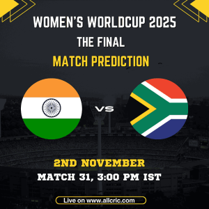 India Women vs South Africa Women Final 2025 match poster featuring national flags, match date 2nd November, and timing 3:00 PM IST. The image promotes the Women’s World Cup 2025 Final prediction, highlighting ind w vs sa w today match prediction, ind w vs sa w match prediction, ind w vs sa w final prediction, and ind w vs sa w team prediction for fantasy cricket fans on AllCric.