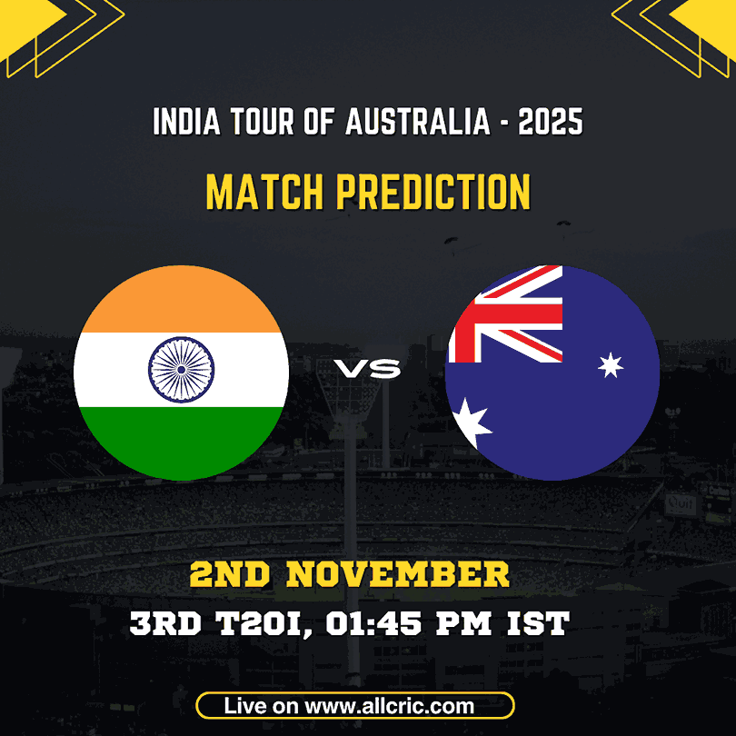 India vs Australia 3rd T20I 2025 match graphic from the India tour of Australia series, featuring both national flags, date (2nd November), and match time (1:45 PM IST). The image promotes ind vs aus today match prediction, india vs australia 2nd t20 prediction, ind vs aus fantasy prediction, and ind vs aus win prediction insights for cricket fans and fantasy players on AllCric.