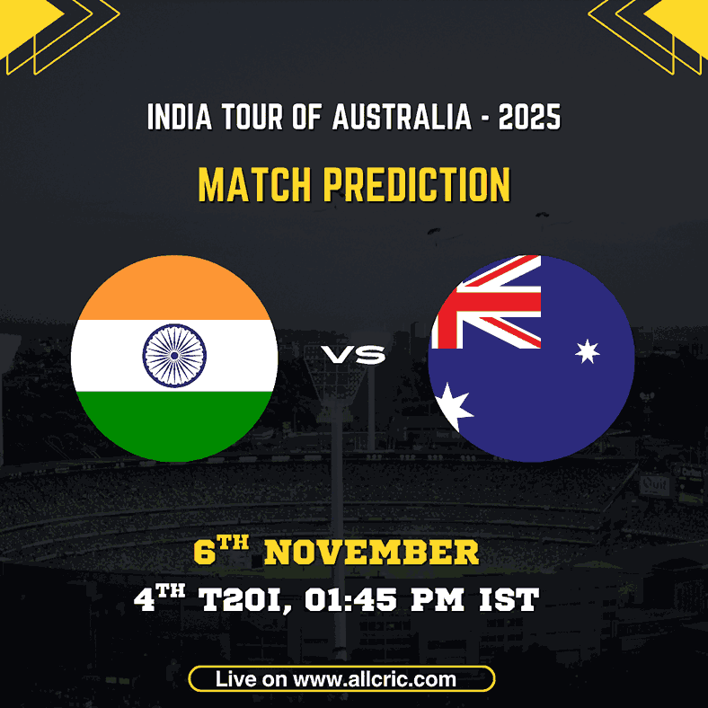 India vs Australia 4th T20I 2025 match poster featuring both team flags and match details, showcasing the upcoming clash at Heritage Bank Stadium, Gold Coast. The image promotes IND vs AUS today match prediction, IND vs AUS match prediction, India vs Australia T20 prediction, and IND vs AUS winning prediction insights for fantasy and match analysis.