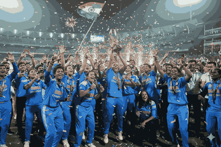 India Women’s Cricket Team celebrates winning the ICC Women’s World Cup 2025, lifting the trophy with fireworks and the national flag in the background at DY Patil Stadium, Navi Mumbai. The image captures the historic moment of the India women's cricket team win World Cup, marking their first-ever India women's cricket team ODI win World Cup and celebrating the triumph in the women's cricket world cup India victory.