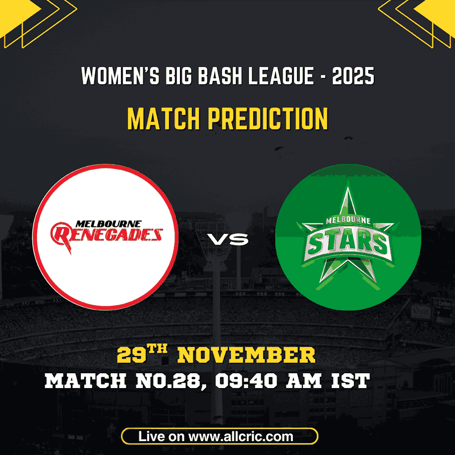 WBBL 2025 Match Prediction graphic showing Melbourne Renegades Women vs Melbourne Stars Women for Match 28 on 29th November, 9:40 AM IST, with team logos and match details – ideal for MR-W vs MS-W Dream11 prediction and today match analysis