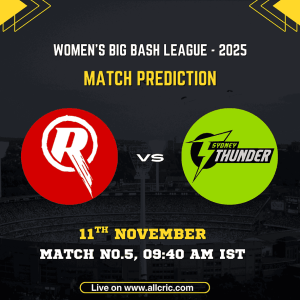Melbourne Renegades Women vs Sydney Thunder Women WBBL 2025 Match 5 poster showing team logos, match date (11th November), and timing (09:40 AM IST). Ideal for mr w vs st w dream11 prediction, mr w vs st w today match prediction, and fantasy cricket analysis.