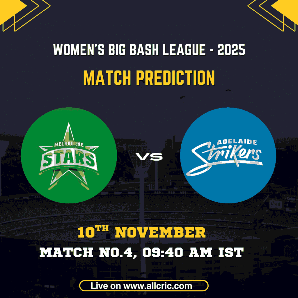 Melbourne Stars Women vs Adelaide Strikers Women WBBL 2025 Match 4 promotional graphic featuring team logos, match date, and time — ideal for MS W vs AS W today match prediction, MS-W vs AS-W Dream11 team today, and fantasy cricket updates.