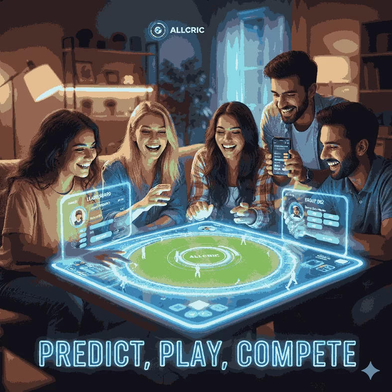 A group of friends excitedly playing an online cricket prediction game on the AllCric app, using futuristic digital screens to predict match results, compare scores, and compete on the leaderboard — showcasing the fun and social side of predicting cricket matches online.