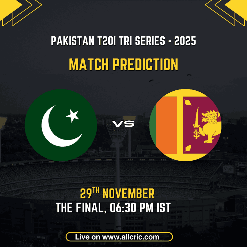 Pakistan vs Sri Lanka T20I Tri-Series 2025 Final match graphic showing team logos, match date 29th November, 6:30 PM IST, used for pak vs sl dream11 prediction today match, pak vs sl today match prediction, pak vs sl match prediction, Pakistan vs Sri Lanka prediction, pak vs sl win prediction, pak vs sl t20 dream11 prediction, and pak vs sl win probability analysis.