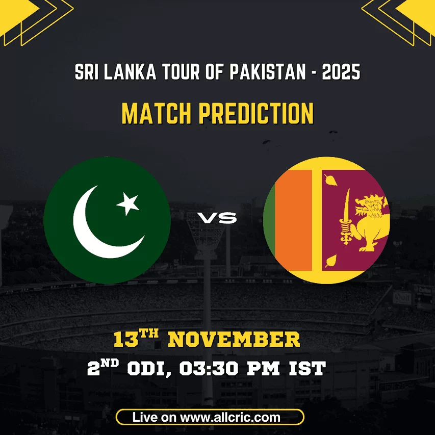 PAK vs SL 2nd ODI 2025 match poster showing Pakistan and Sri Lanka national team flags for the Sri Lanka tour of Pakistan 2025 — match prediction graphic with date 13th November, 03:30 PM IST, at Rawalpindi Cricket Stadium. Ideal for pak vs sl odi prediction, pak vs sl today match prediction, pak vs sl win prediction, pak vs sl win probability today, pak vs sl dream11 prediction today match, pak vs sl match prediction, and pak vs sl team prediction articles or social posts.