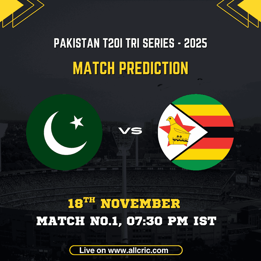 Pakistan T20I Tri-Series 2025 match prediction graphic showing Pakistan vs Zimbabwe for Match 1 on 18th November at 7:30 PM IST, with both national team logos displayed over a stadium background promoting Pak vs Zim today match prediction and Dream11 insights