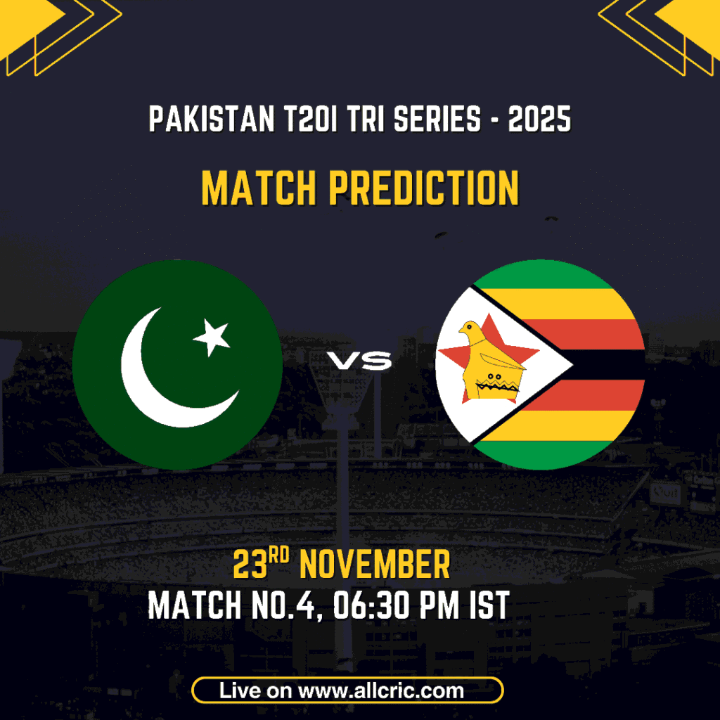 Graphic showing Pakistan vs Zimbabwe match prediction for the Pakistan T20I Tri-Series 2025. The poster displays Pakistan and Zimbabwe cricket logos side by side with match details: 23rd November, Match No.4, 06:30 PM IST at Rawalpindi Stadium. Designed for pak vs zim dream11 prediction today match, pak vs zim today match prediction, pak vs zim match prediction, and pak vs zim win probability content.