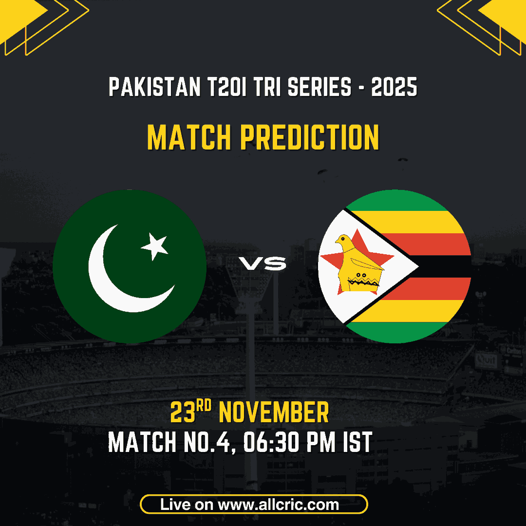Graphic showing Pakistan vs Zimbabwe match prediction for the Pakistan T20I Tri-Series 2025. The poster displays Pakistan and Zimbabwe cricket logos side by side with match details: 23rd November, Match No.4, 06:30 PM IST at Rawalpindi Stadium. Designed for pak vs zim dream11 prediction today match, pak vs zim today match prediction, pak vs zim match prediction, and pak vs zim win probability content.