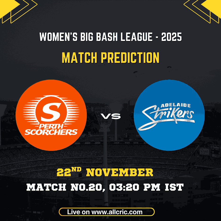 PS-W vs AS-W match prediction graphic for Women’s Big Bash League 2025 featuring Perth Scorchers Women and Adelaide Strikers Women logos, match date 22nd November, Match No.20, 03:20 PM IST, with branding from AllCric. Ideal for ps w vs as w dream11 prediction, ps w vs as w today match prediction, and ps w vs as w win prediction content