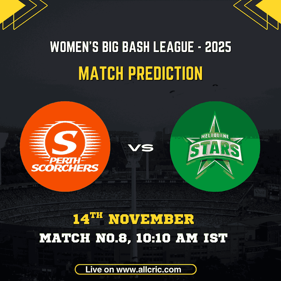 Graphic for the Women’s Big Bash League 2025 featuring the match prediction between Perth Scorchers Women and Melbourne Stars Women. The image shows both team logos — the orange Perth Scorchers logo on the left and the green Melbourne Stars logo on the right — with match details displayed: “14th November, Match No. 8, 10:10 AM IST.” The background features a cricket stadium with bold yellow and white text highlighting the event and timing.