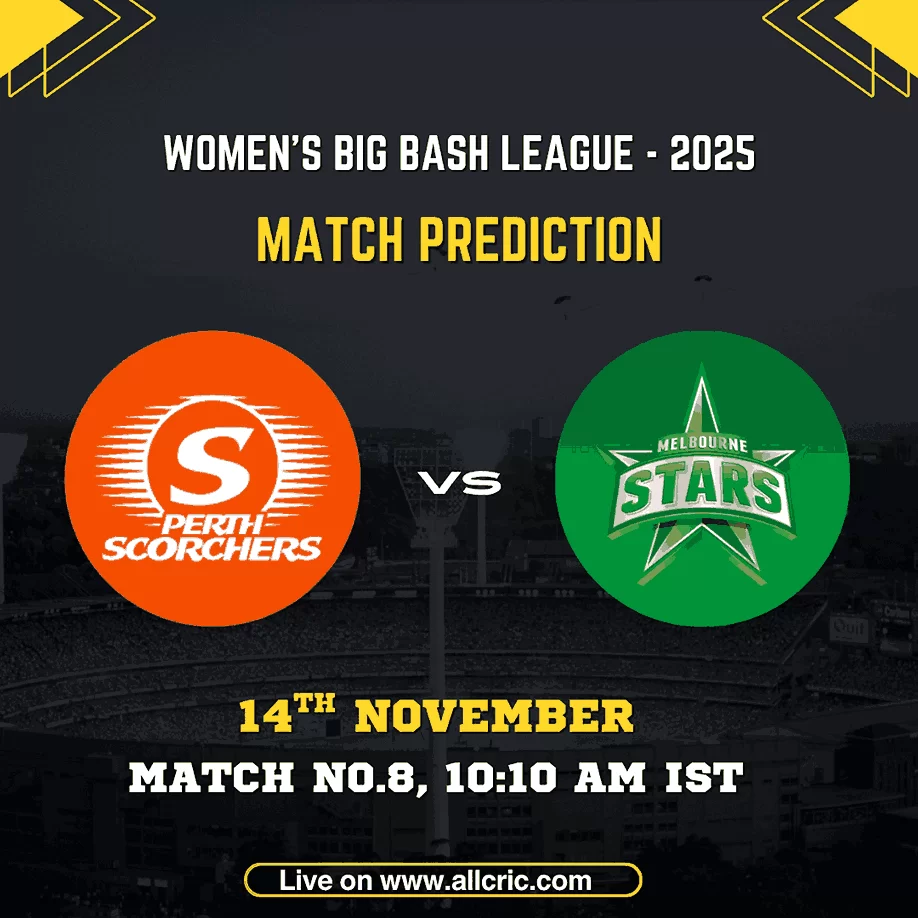 Graphic for the Women’s Big Bash League 2025 featuring the match prediction between Perth Scorchers Women and Melbourne Stars Women. The image shows both team logos — the orange Perth Scorchers logo on the left and the green Melbourne Stars logo on the right — with match details displayed: “14th November, Match No. 8, 10:10 AM IST.” The background features a cricket stadium with bold yellow and white text highlighting the event and timing.