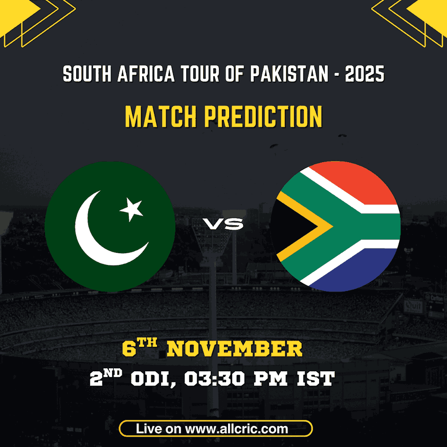 Pakistan vs South Africa 2nd ODI 2025 match poster featuring both team flags with match date, time, and venue details from the South Africa tour of Pakistan. The image highlights SA vs PAK today match prediction, SA vs PAK match prediction, and SA vs PAK ODI prediction insights for cricket and fantasy fans.