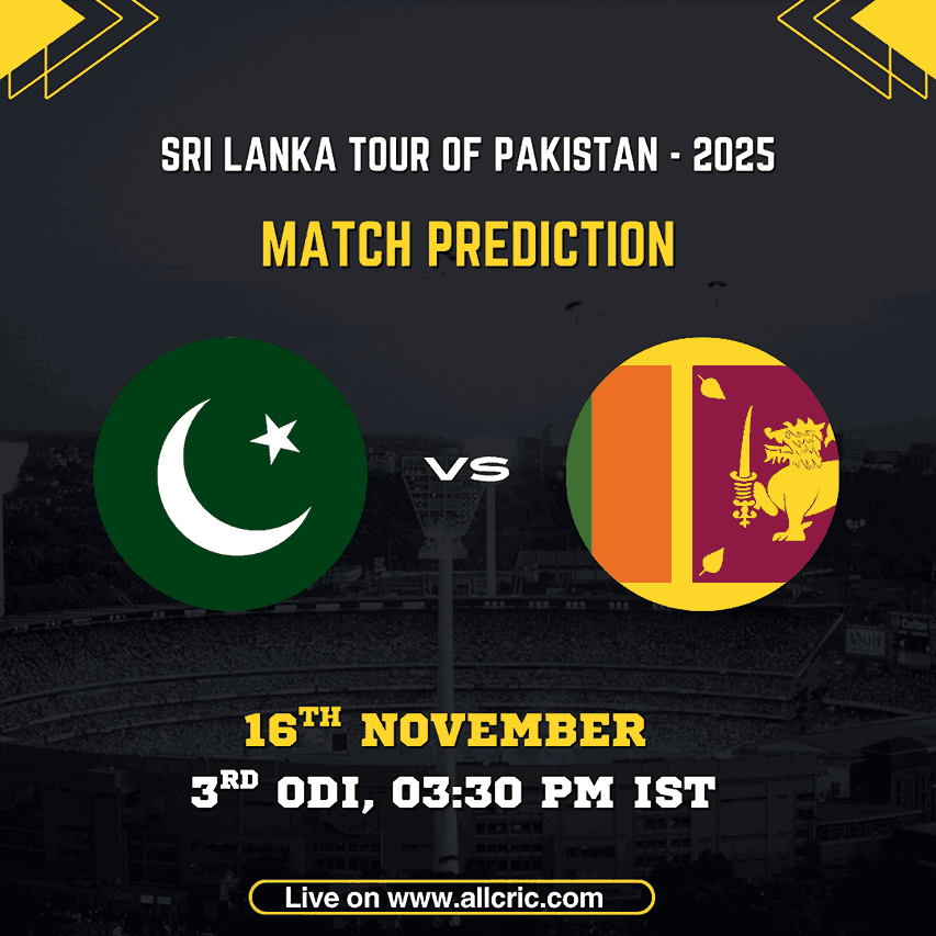PAK vs SL 3rd ODI match prediction graphic for the Sri Lanka Tour of Pakistan 2025, featuring Pakistan and Sri Lanka cricket team logos, match date 16th November, 03:30 PM IST, and AllCric branding
