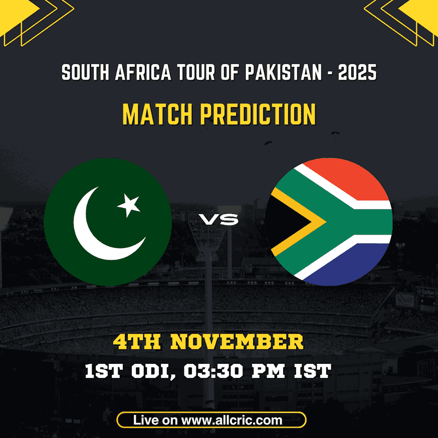 Pakistan vs South Africa 1st ODI 2025 match poster featuring national flags and match details — part of the South Africa tour of Pakistan 2025. The image highlights SA vs PAK today match prediction, showing the upcoming clash at Iqbal Stadium, Faisalabad, on November 4, 2025. Perfect for promoting SA vs PAK match prediction, Pakistan vs South Africa ODI prediction, and SA vs PAK team prediction updates.
