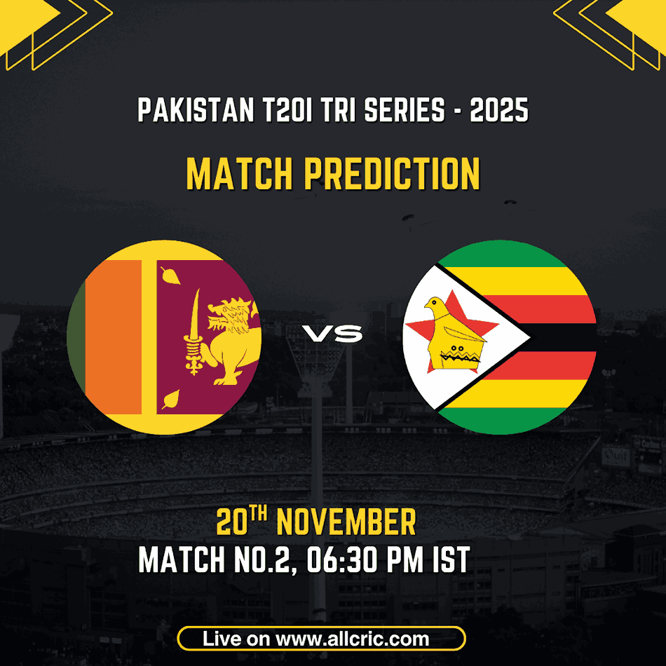 Graphic for Pakistan T20I Tri Series 2025 showing Sri Lanka vs Zimbabwe for Match 2 on 20th November at 06:30 PM IST, with team logos and stadium background; ideal for SL vs ZIM Dream11 prediction today match, SL vs ZIM today match prediction, SL vs ZIM match prediction, Sri Lanka vs Zimbabwe prediction, SL vs ZIM T20 prediction, and SL vs ZIM win prediction.